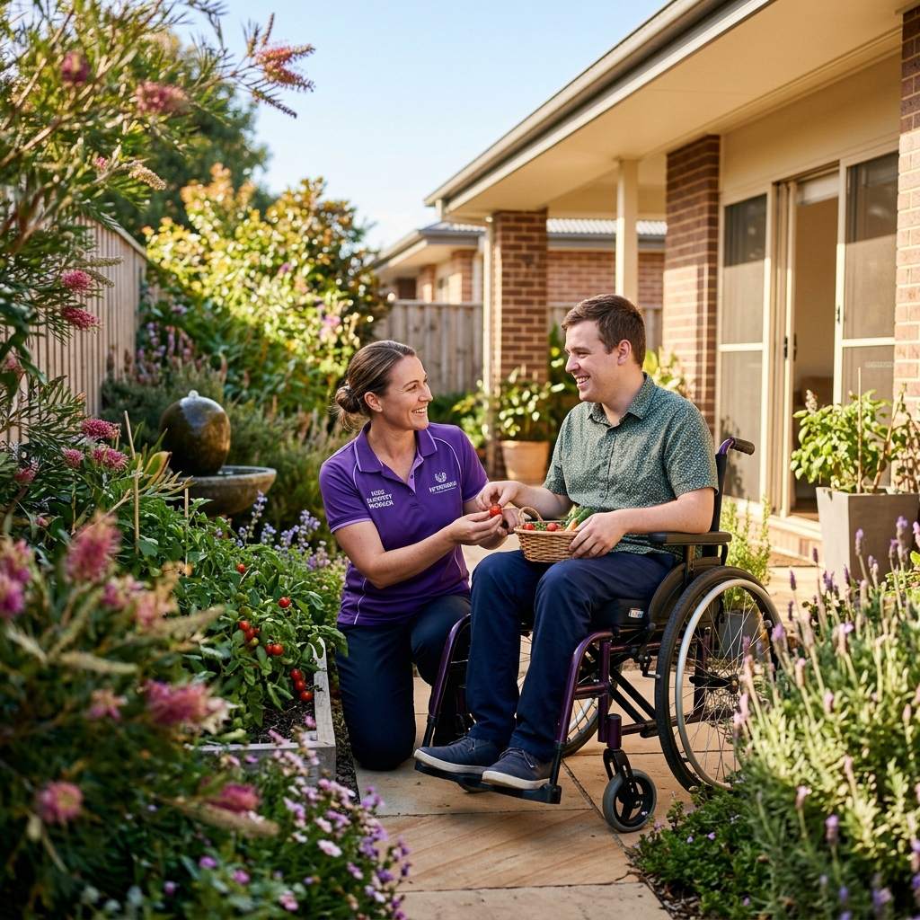 A Nexora support worker assisting a client at home with a friendly smile